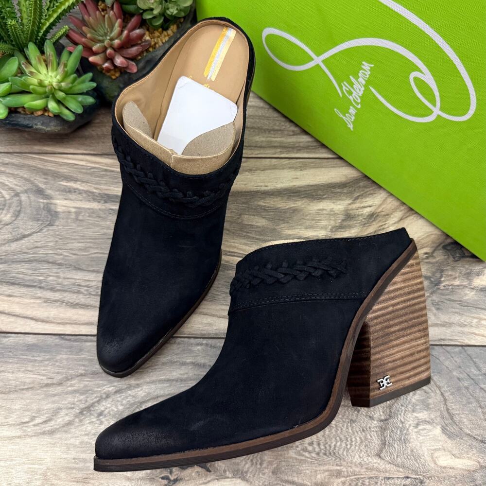 NIB SAM EDELMAN Alison 8M Suede Pointed Toe Stacked Block Heel Mule Black